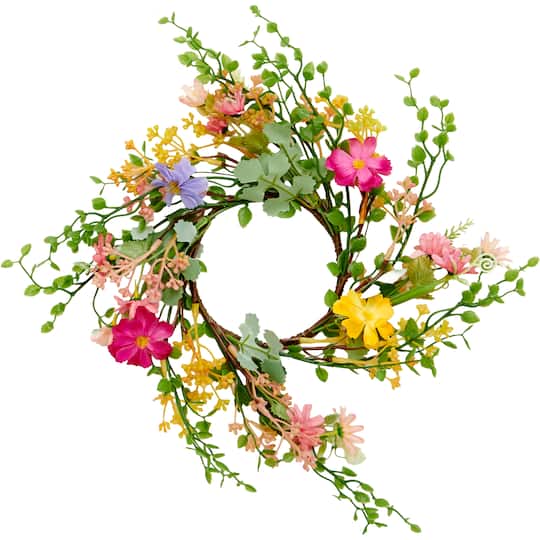 4.5" Artificial Spring Flowers & Green Leaves Pillar Candle Ring